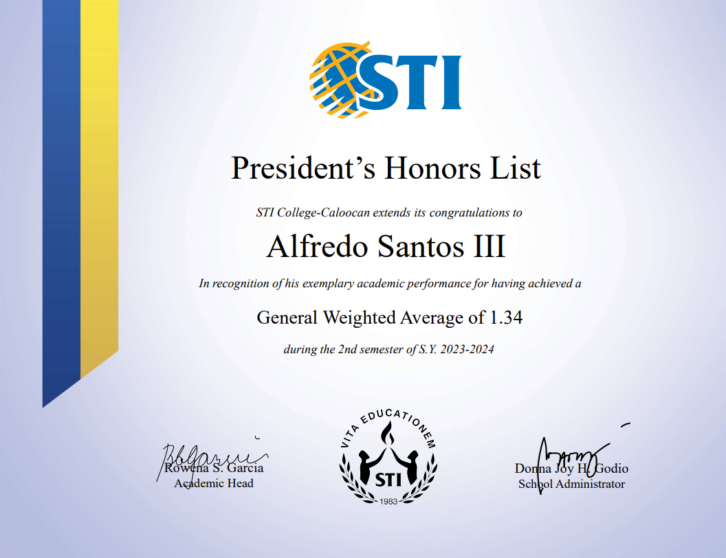 President’s Honors List – Academic Excellence (GWA 1.34)